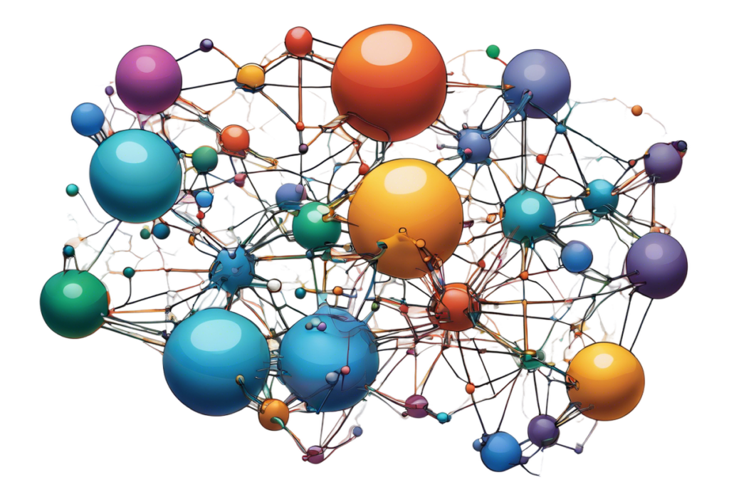 imagine an intricate, ordered interconnected network map of colored spheres on a white background co (1)